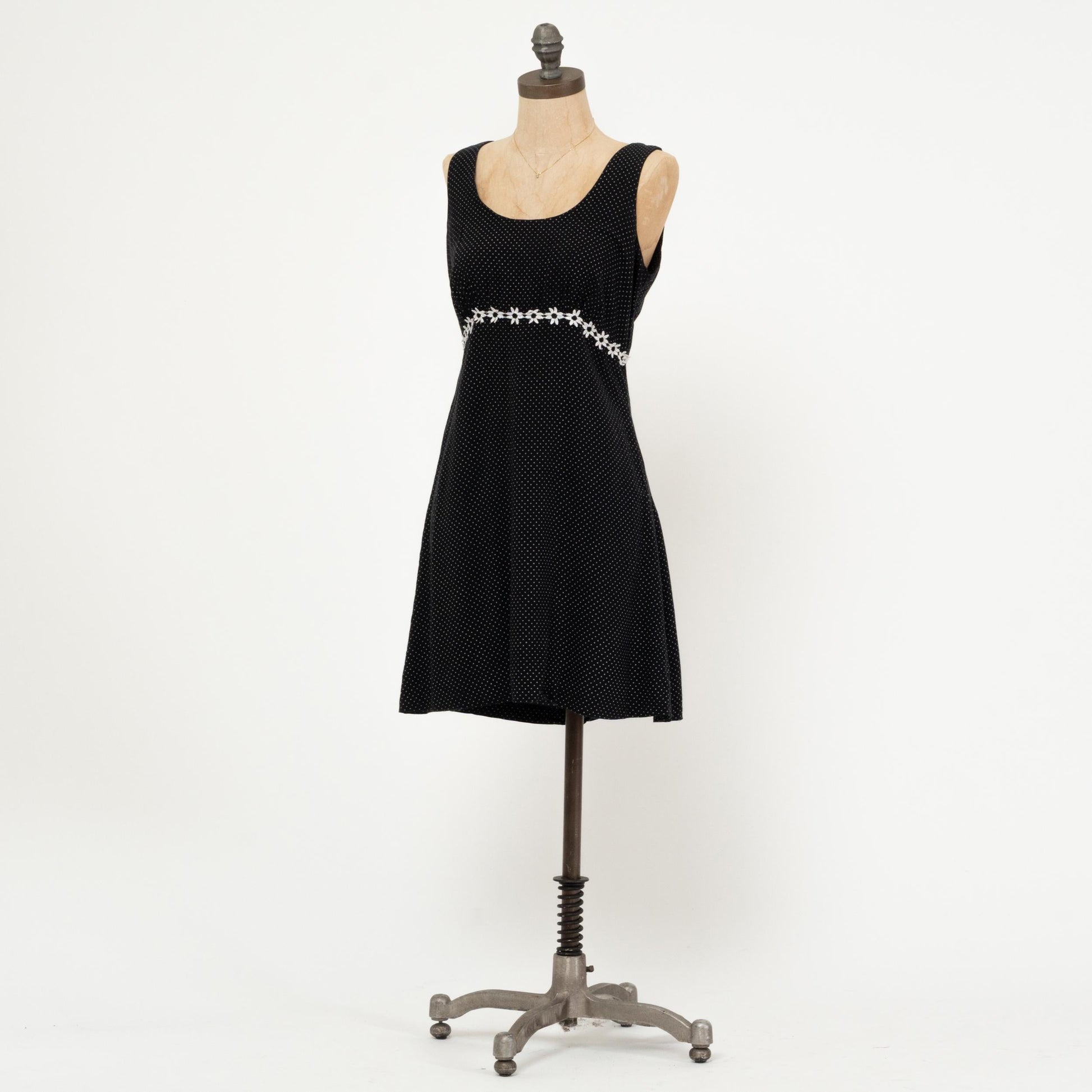 Vintage 90s Black & White Floral Polka Dot Mini Dress - Medium | Boho Babydoll Summer Sundress