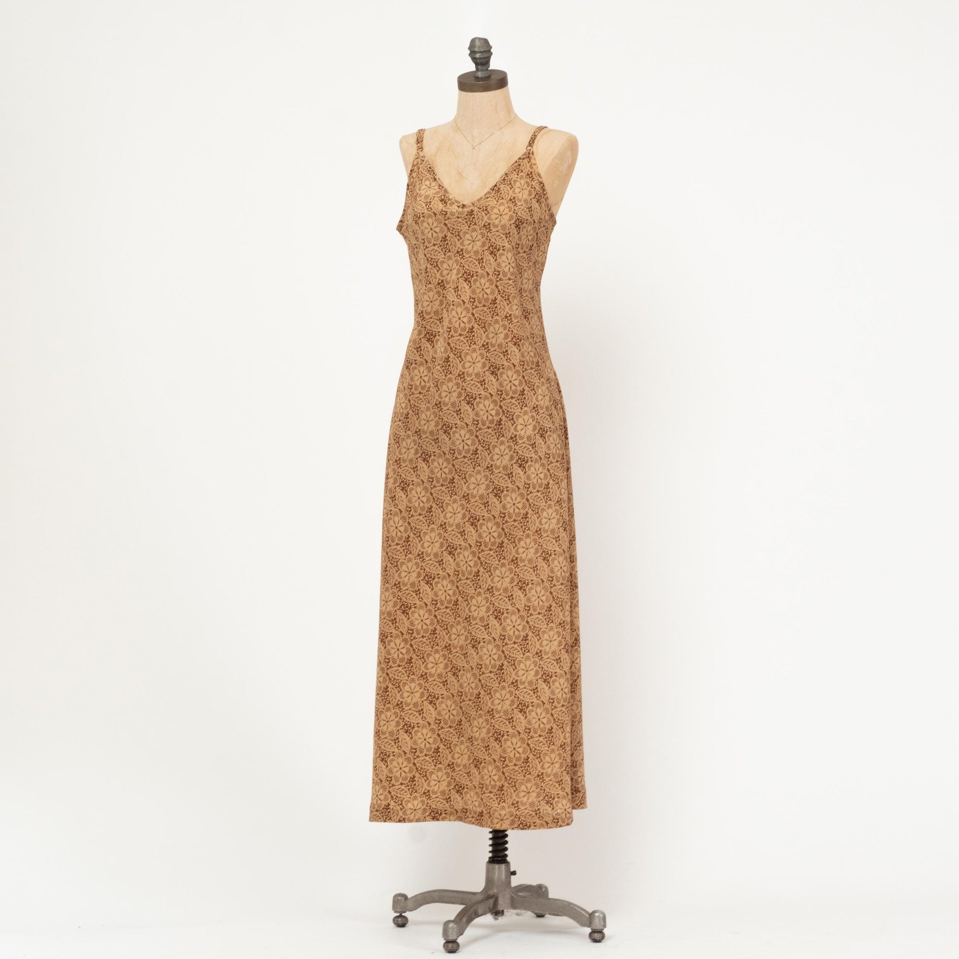 Vintage 90s Brown Batik Floral Maxi Dress - Large | Boho Spaghetti Strap Summer Sundress
