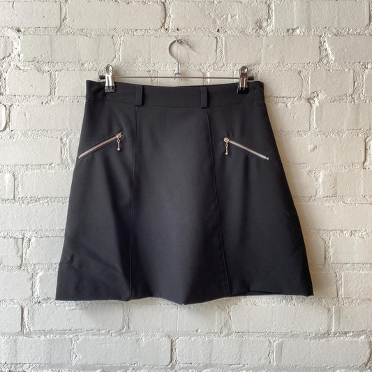 Vintage 90s Black Zipper Mini Skirt - Medium | High Waisted A Line Miniskirt