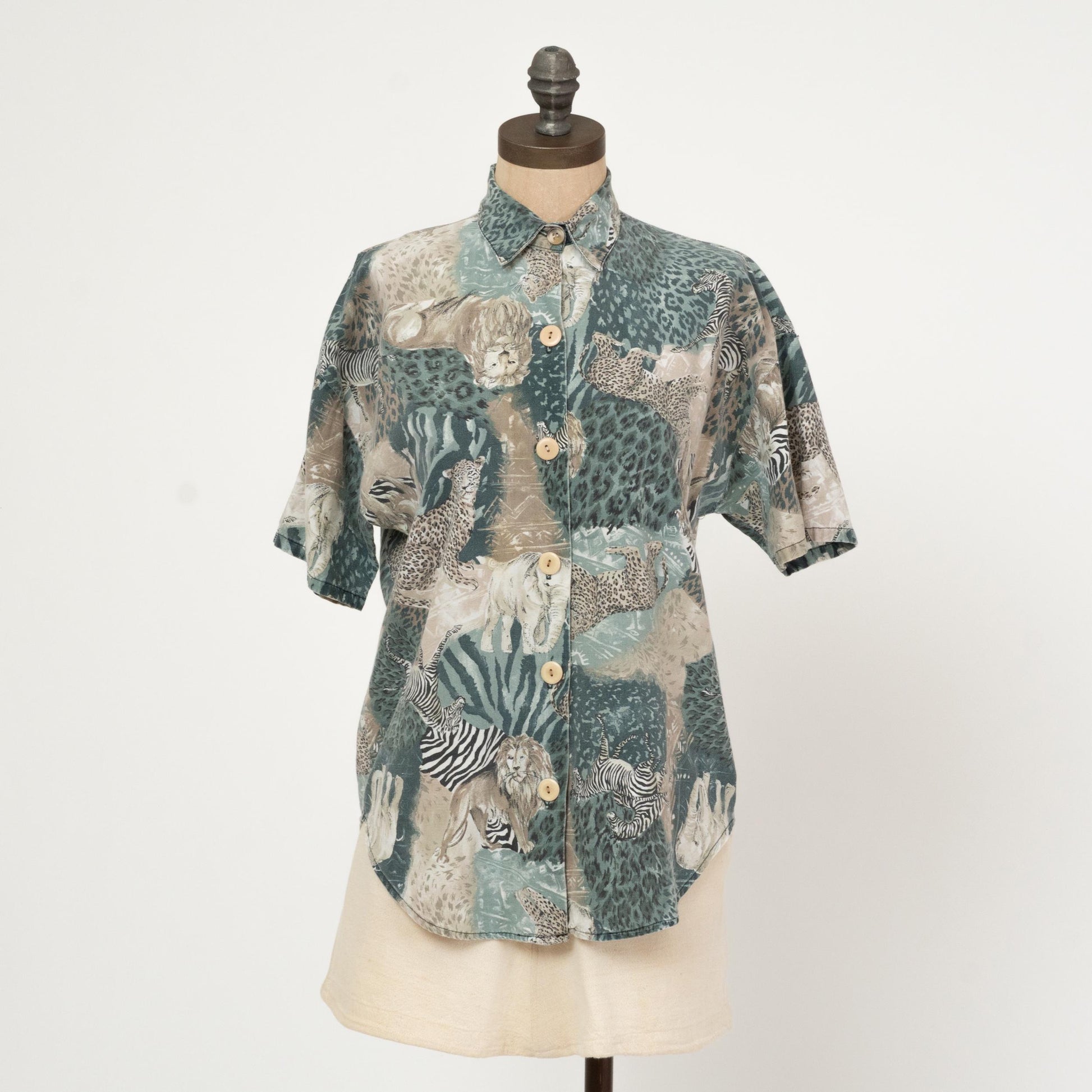 Vintage 90s African Animal Safari Print Shirt - Medium | All Over Print Short Sleeve Collared Top