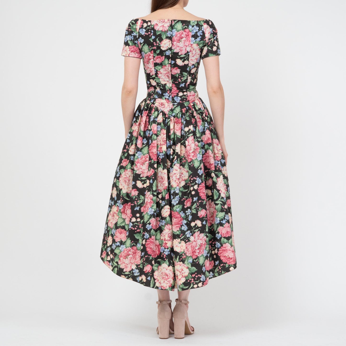 Vintage 80s Loralie Floral High-Low Party Dress - Extra Small | Fit & Flare Off-Shoulder Cottagecore Midi Gown