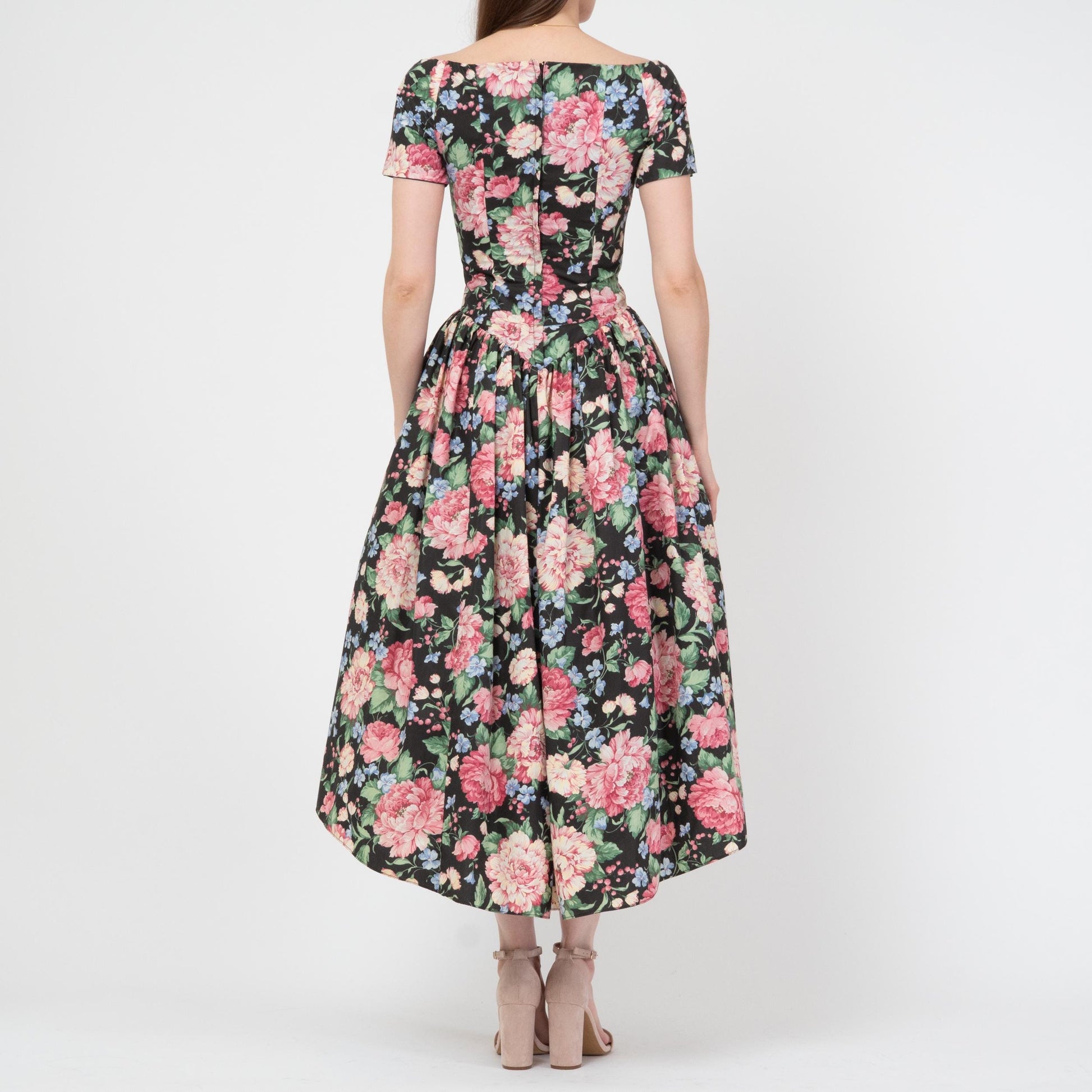 Vintage 80s Loralie Floral High-Low Party Dress - Extra Small | Fit & Flare Off-Shoulder Cottagecore Midi Gown