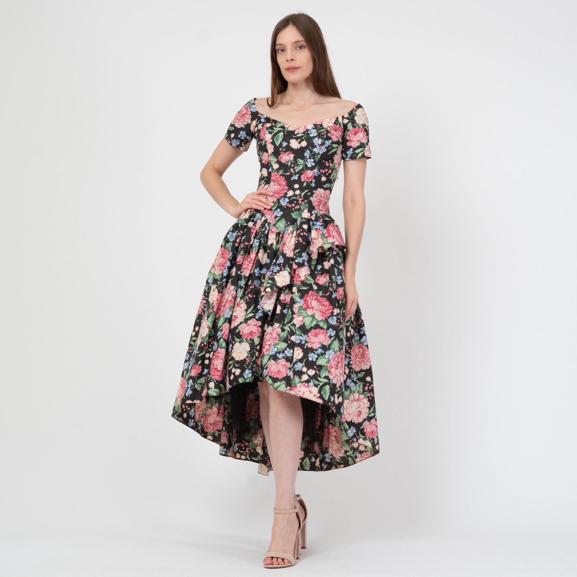 Vintage 80s Loralie Floral High-Low Party Dress - Extra Small | Fit & Flare Off-Shoulder Cottagecore Midi Gown