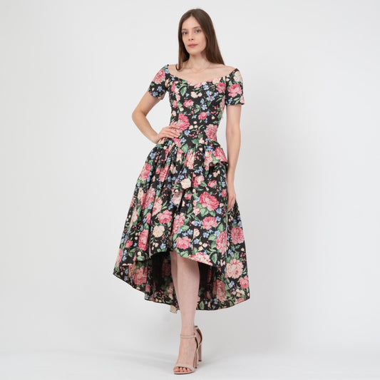 Vintage 80s Loralie Floral High-Low Party Dress - Extra Small | Fit & Flare Off-Shoulder Cottagecore Midi Gown