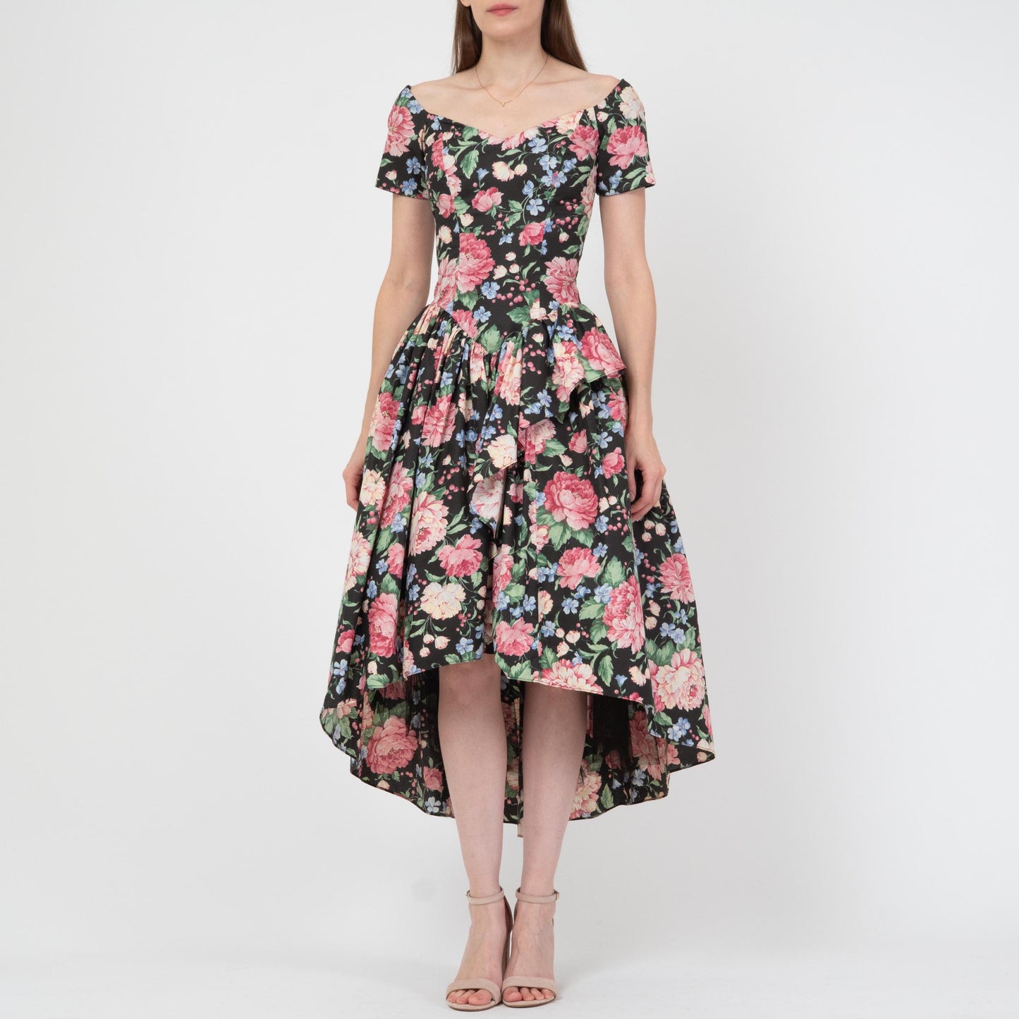 Vintage 80s Loralie Floral High-Low Party Dress - Extra Small | Fit & Flare Off-Shoulder Cottagecore Midi Gown