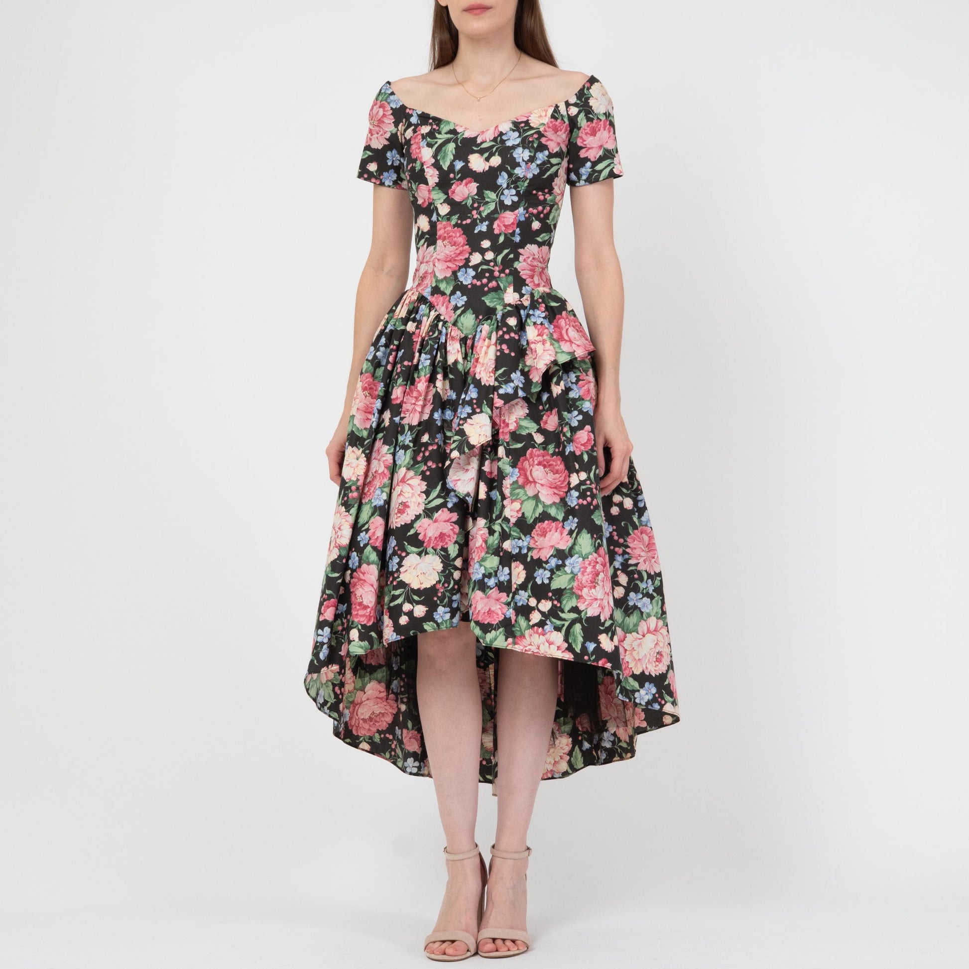 Vintage 80s Loralie Floral High-Low Party Dress - Extra Small | Fit & Flare Off-Shoulder Cottagecore Midi Gown