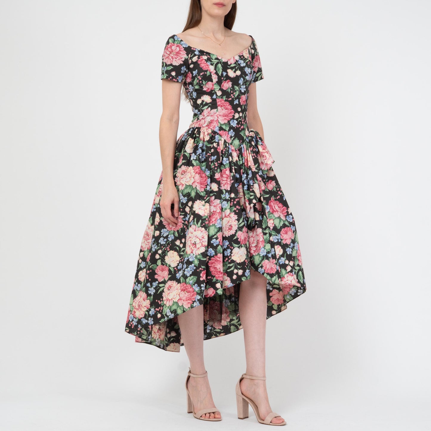 Vintage 80s Loralie Floral High-Low Party Dress - Extra Small | Fit & Flare Off-Shoulder Cottagecore Midi Gown