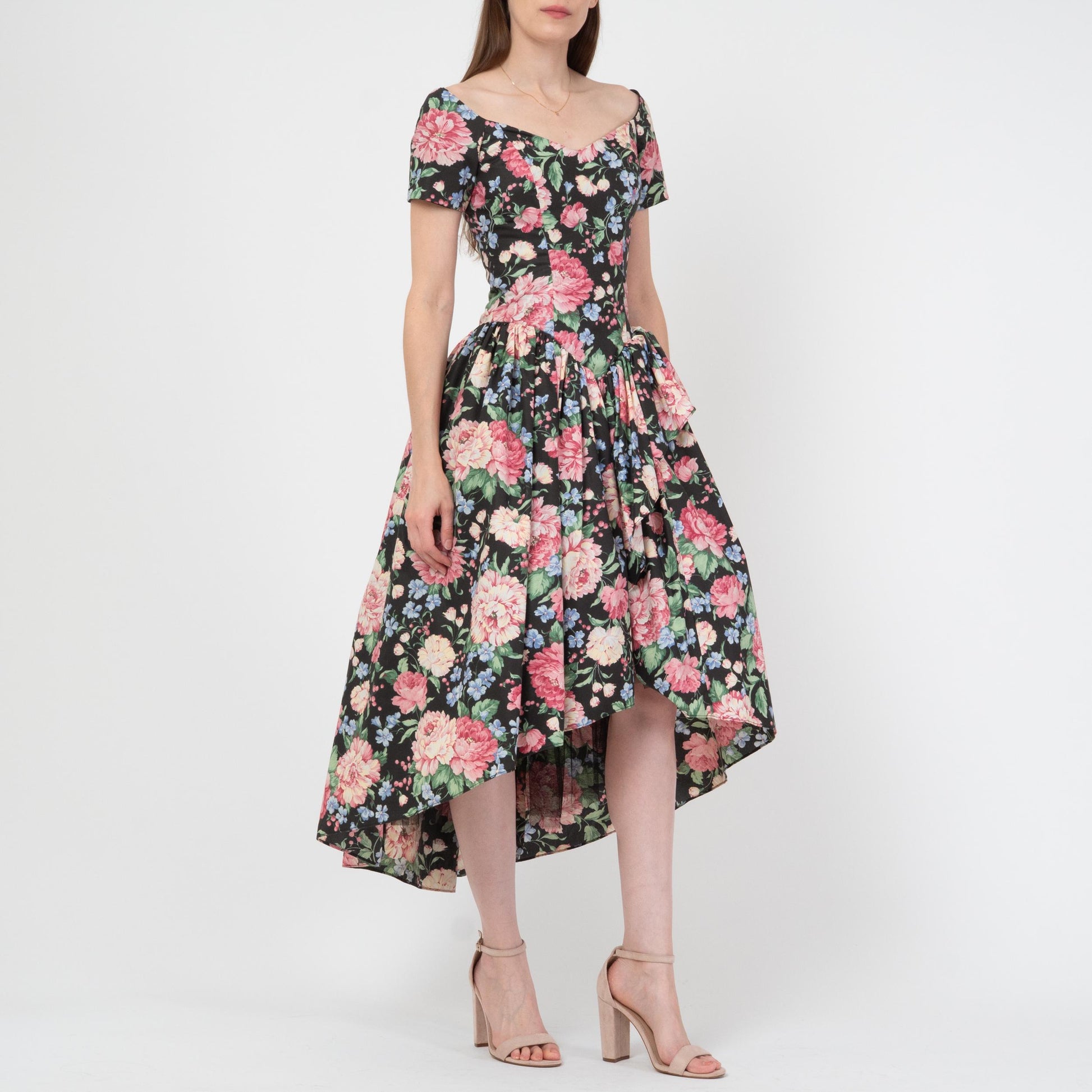 Vintage 80s Loralie Floral High-Low Party Dress - Extra Small | Fit & Flare Off-Shoulder Cottagecore Midi Gown