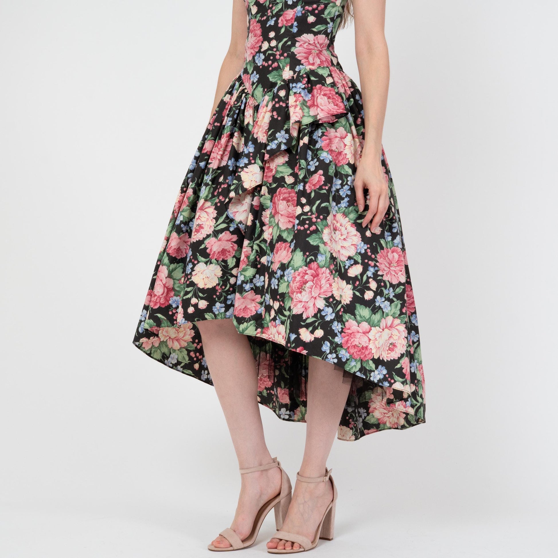 Vintage 80s Loralie Floral High-Low Party Dress - Extra Small | Fit & Flare Off-Shoulder Cottagecore Midi Gown