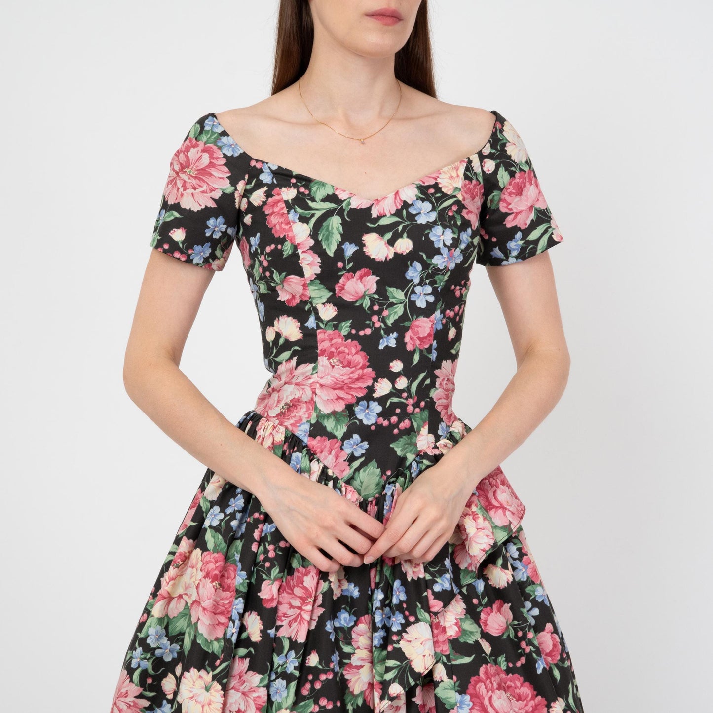 Vintage 80s Loralie Floral High-Low Party Dress - Extra Small | Fit & Flare Off-Shoulder Cottagecore Midi Gown