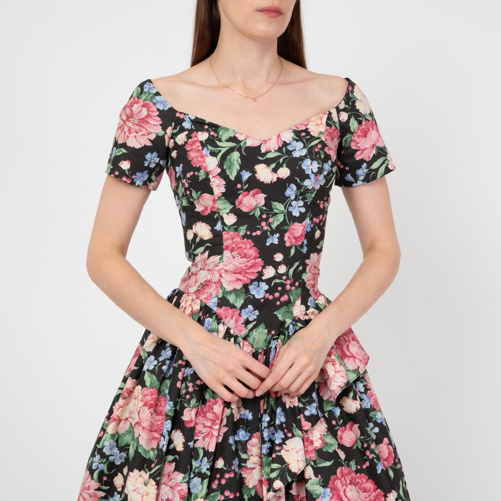 Vintage 80s Loralie Floral High-Low Party Dress - Extra Small | Fit & Flare Off-Shoulder Cottagecore Midi Gown