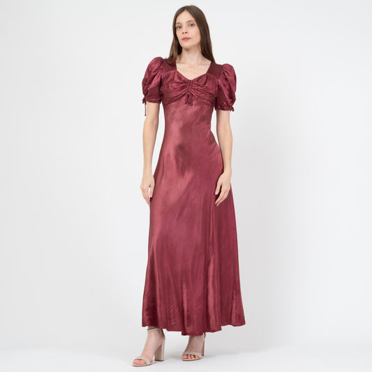 Vintage 30s Wine Red Satin Puff Sleeve Evening Gown, As Is - Extra Small | 1930s Bias Cut Maxi Dress