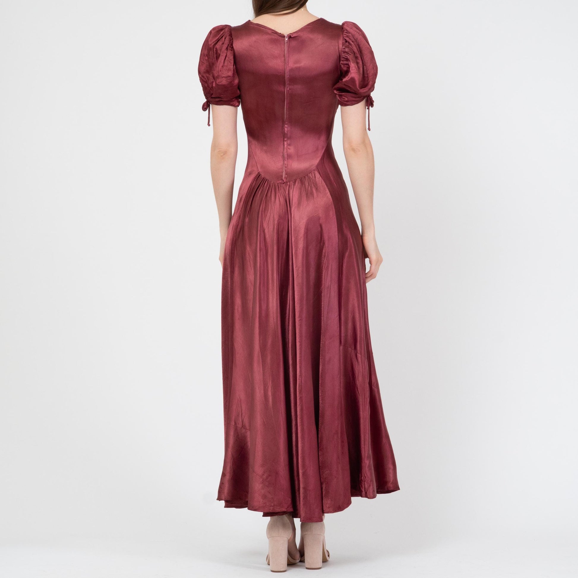 Vintage 30s Wine Red Satin Puff Sleeve Evening Gown, As Is - Extra Small | 1930s Bias Cut Maxi Dress