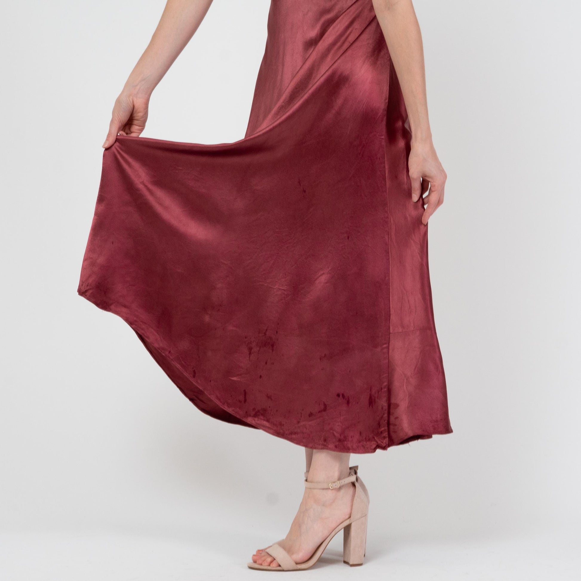 Vintage 30s Wine Red Satin Puff Sleeve Evening Gown, As Is - Extra Small | 1930s Bias Cut Maxi Dress