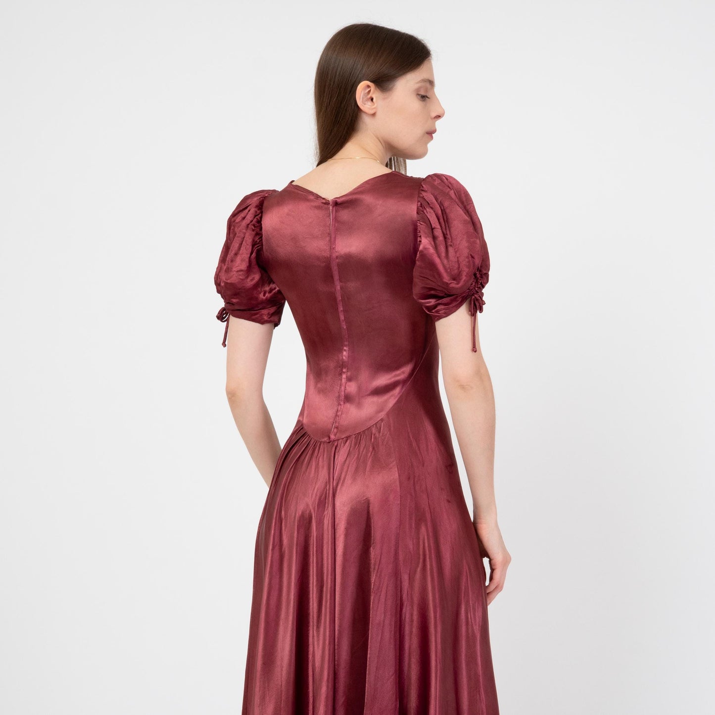 Vintage 30s Wine Red Satin Puff Sleeve Evening Gown, As Is - Extra Small | 1930s Bias Cut Maxi Dress