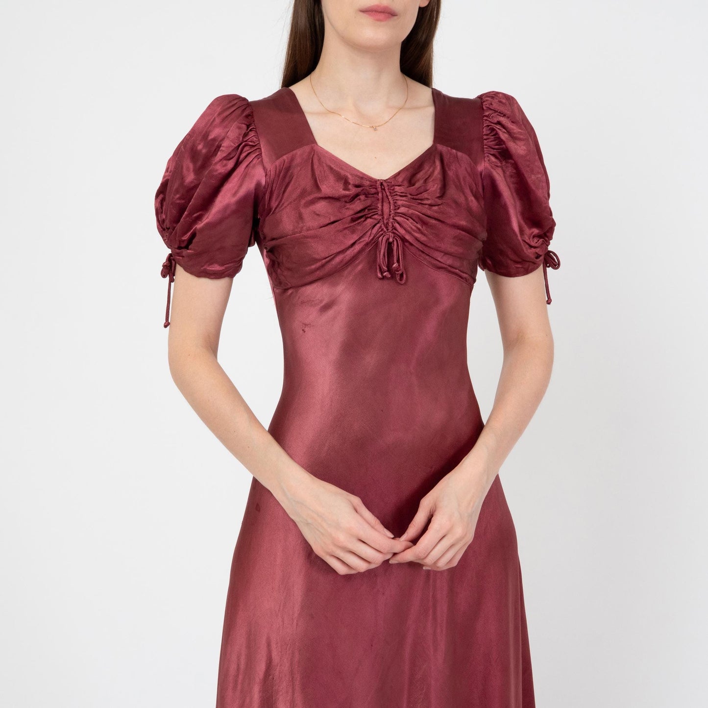 Vintage 30s Wine Red Satin Puff Sleeve Evening Gown, As Is - Extra Small | 1930s Bias Cut Maxi Dress