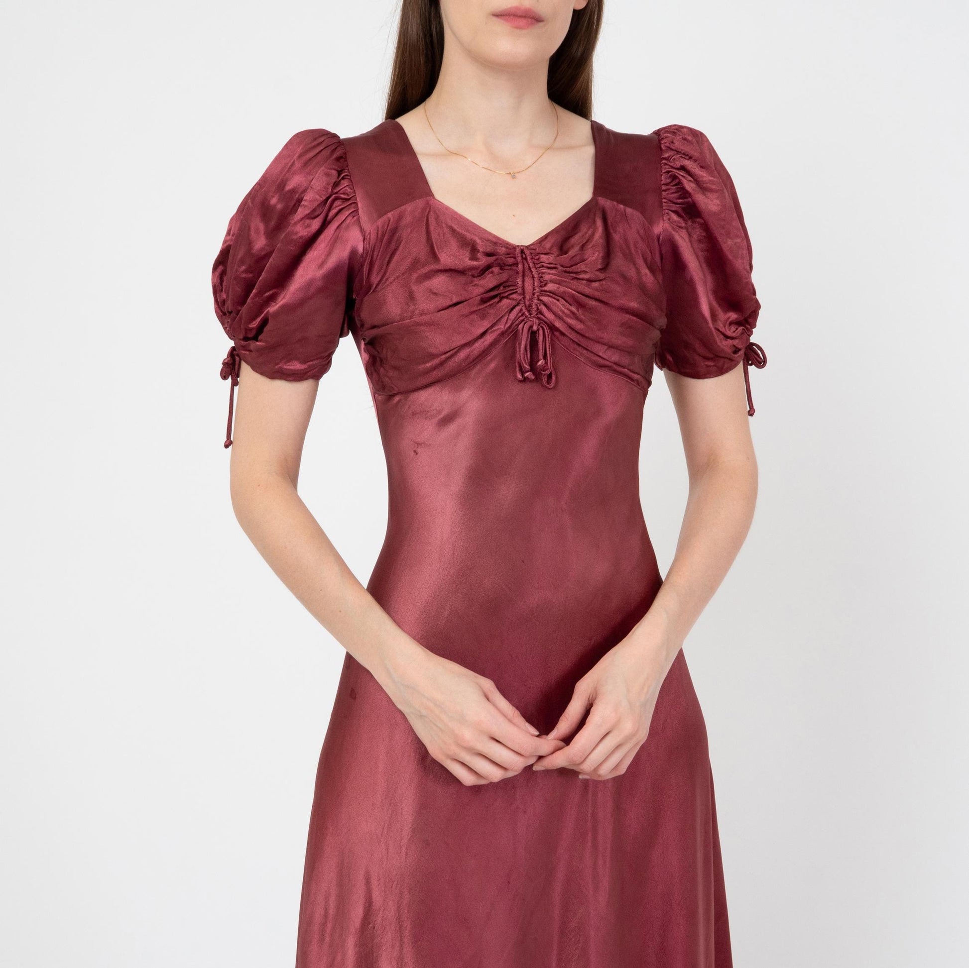 Vintage 30s Wine Red Satin Puff Sleeve Evening Gown, As Is - Extra Small | 1930s Bias Cut Maxi Dress