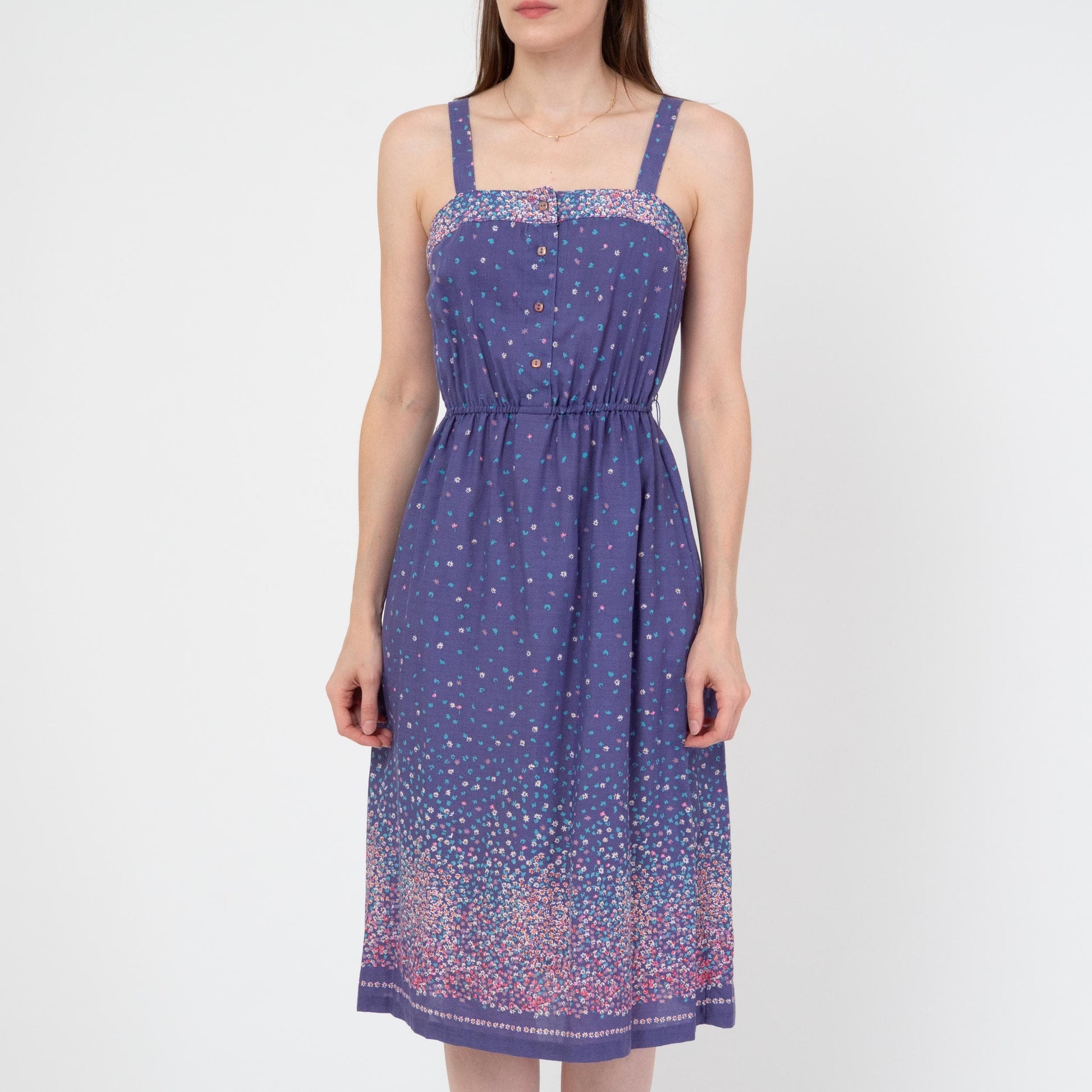 Vintage 70s Purple Falling Floral Sundress - Extra Small | Boho Summer Midi Dress