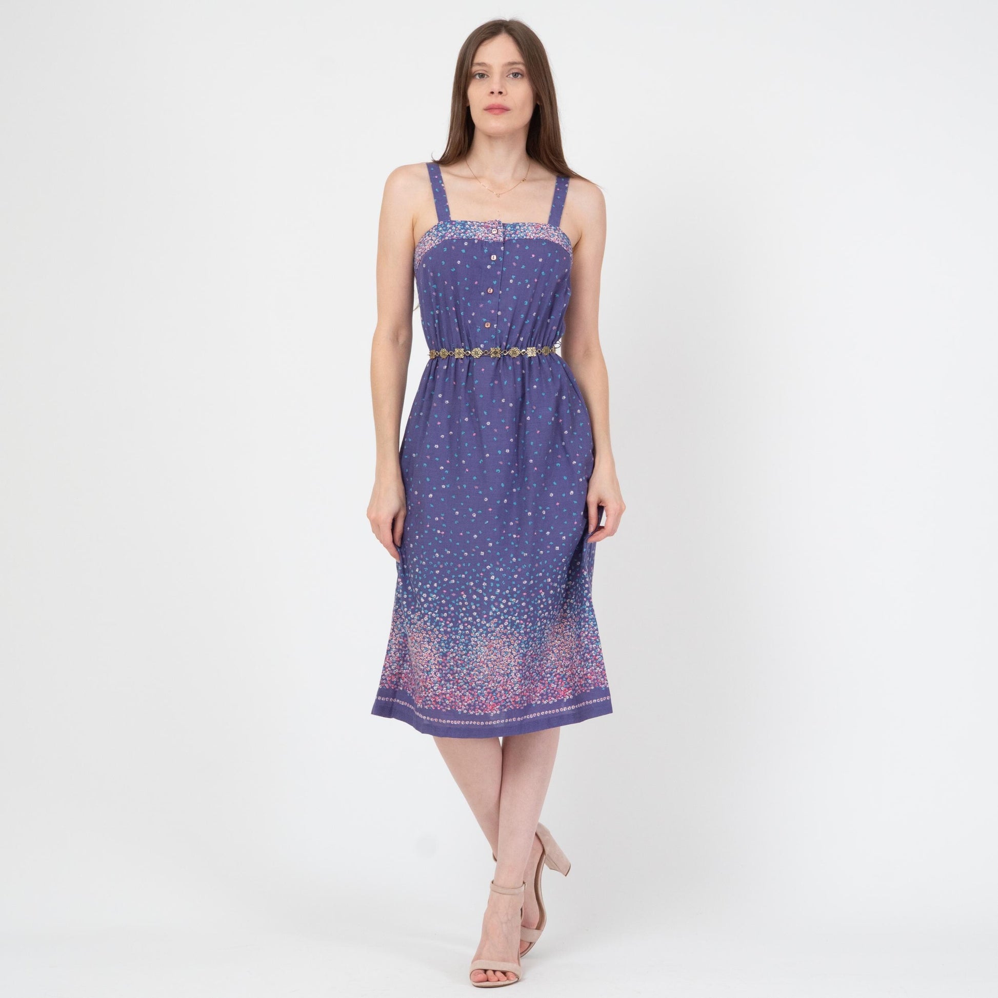 Vintage 70s Purple Falling Floral Sundress - Extra Small | Boho Summer Midi Dress