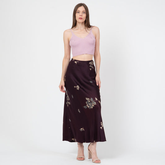 Vintage 90s Plum Floral Silk Satin Maxi Skirt - Small | Bias Cut High Waisted Boho Slip Skirt