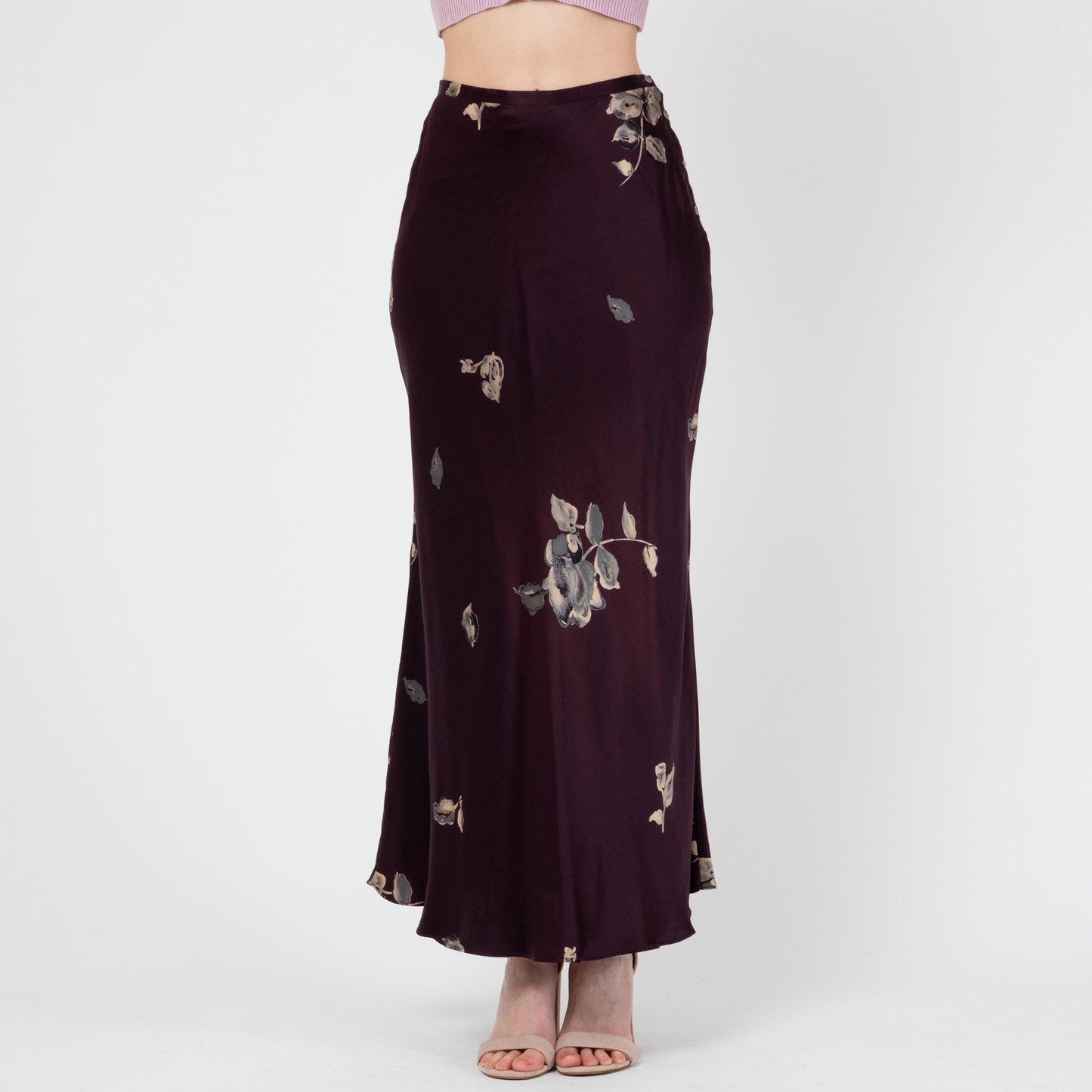 Vintage 90s Plum Floral Silk Satin Maxi Skirt - Small | Bias Cut High Waisted Boho Slip Skirt