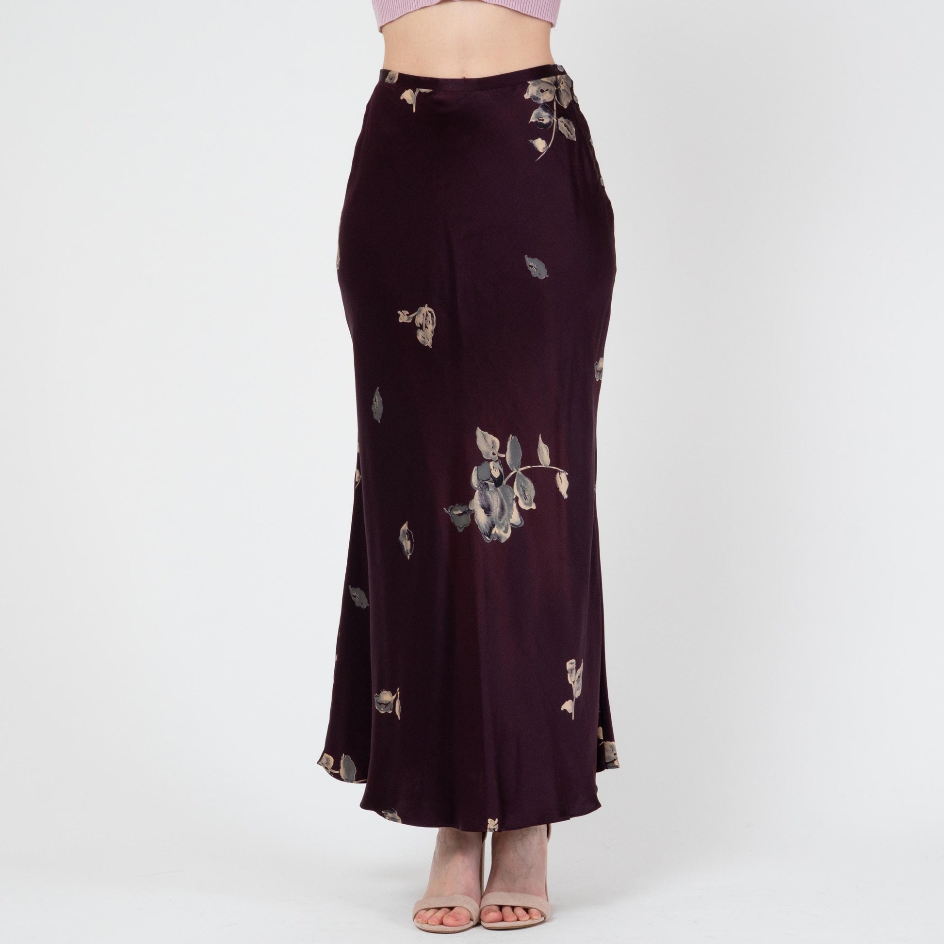 Vintage 90s Plum Floral Silk Satin Maxi Skirt - Small | Bias Cut High Waisted Boho Slip Skirt