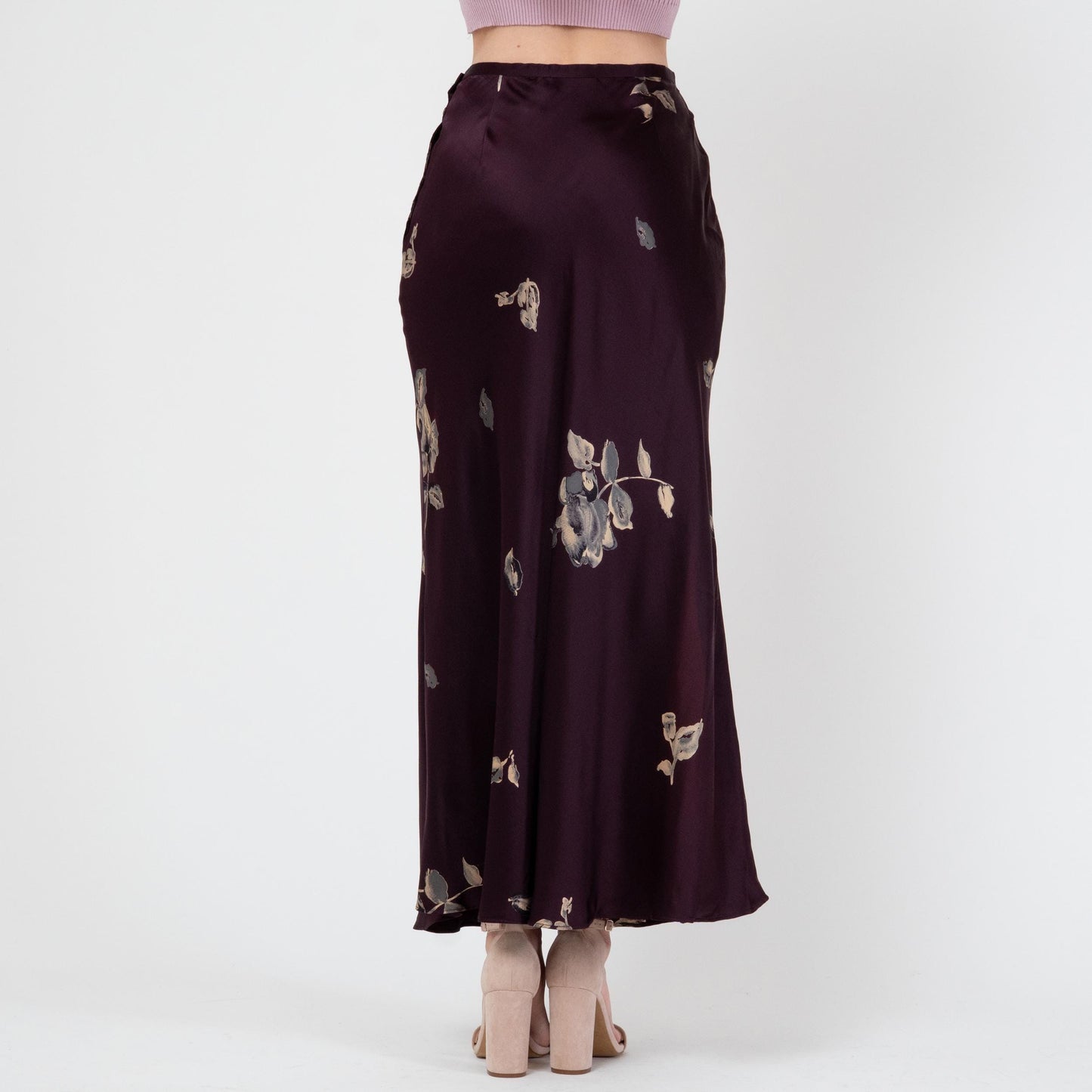 Vintage 90s Plum Floral Silk Satin Maxi Skirt - Small | Bias Cut High Waisted Boho Slip Skirt