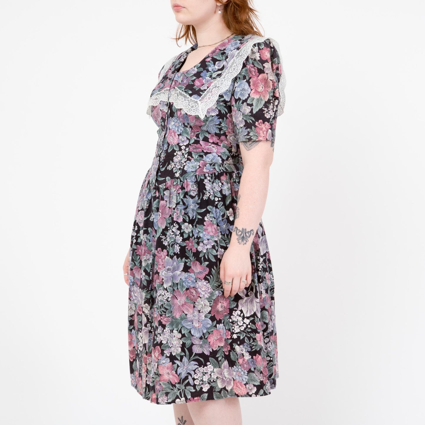 Vintage 80s Floral Sailor Collar Fit & Flare Dress - Large | Puff Sleeve Lace Trim Basque Waist Midi Dress