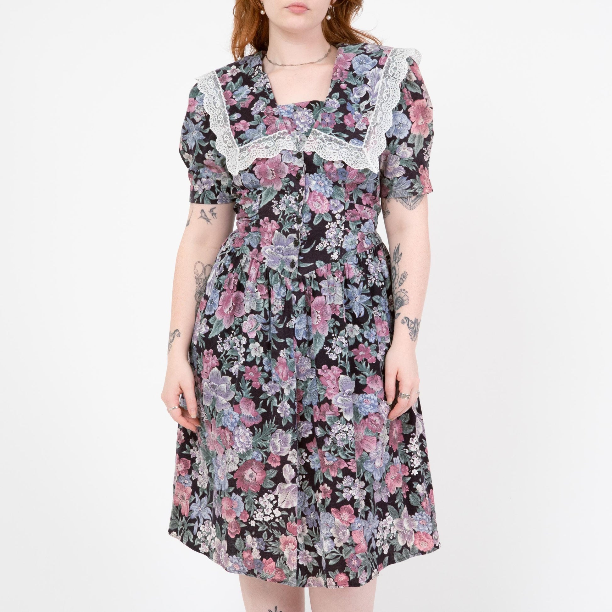 Vintage 80s Floral Sailor Collar Fit & Flare Dress - Large | Puff Sleeve Lace Trim Basque Waist Midi Dress