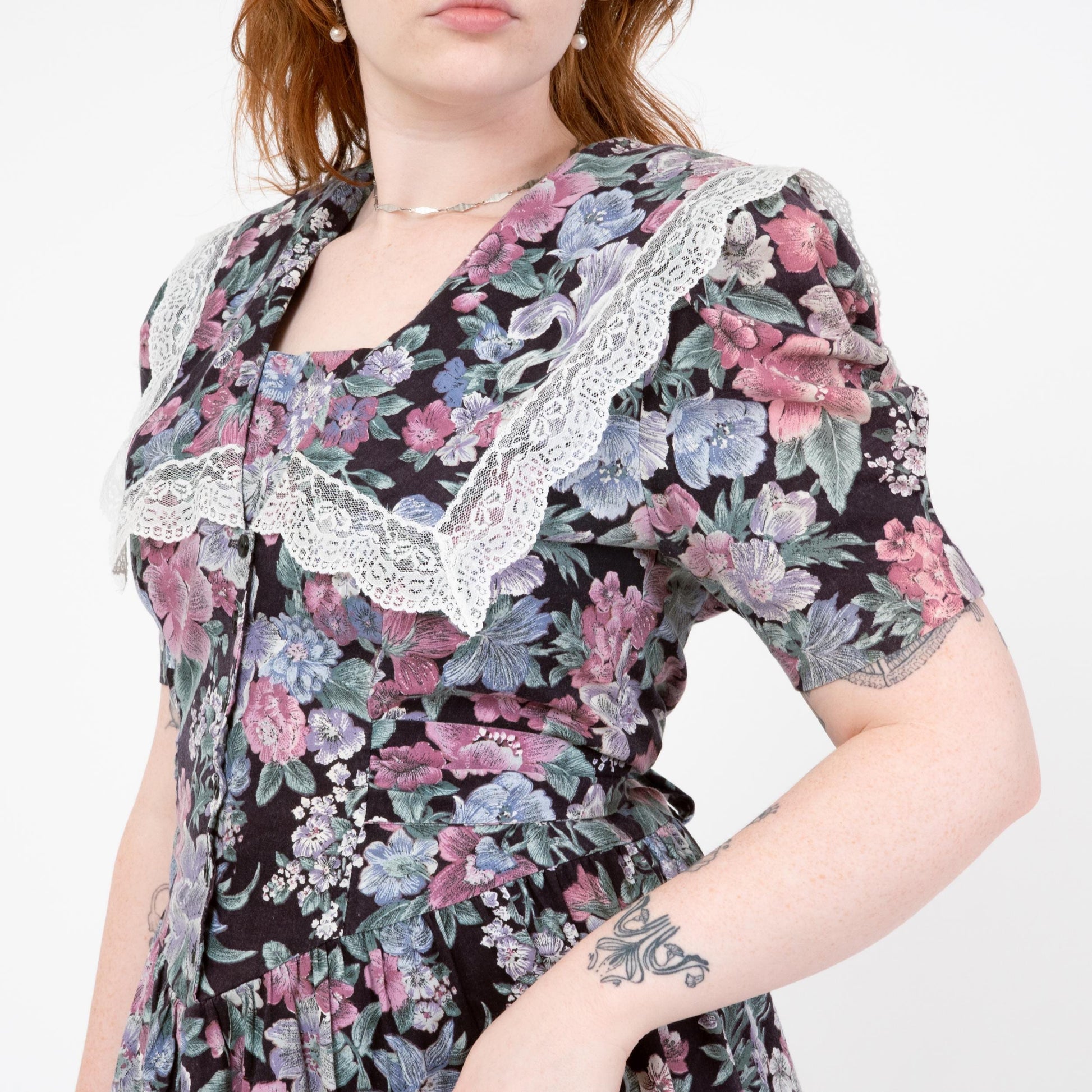 Vintage 80s Floral Sailor Collar Fit & Flare Dress - Large | Puff Sleeve Lace Trim Basque Waist Midi Dress