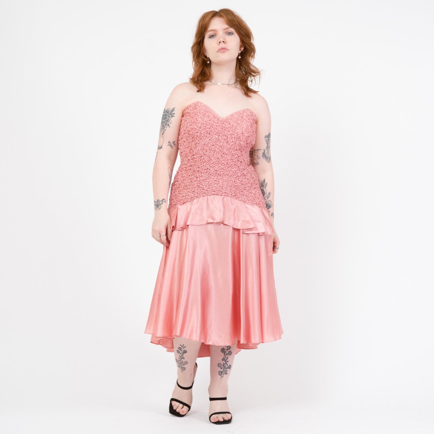 Vintage 80s Bubblegum Pink Strapless Popcorn Party Dress - Large | Smocked Bodice High-Low Midi Prom Dress