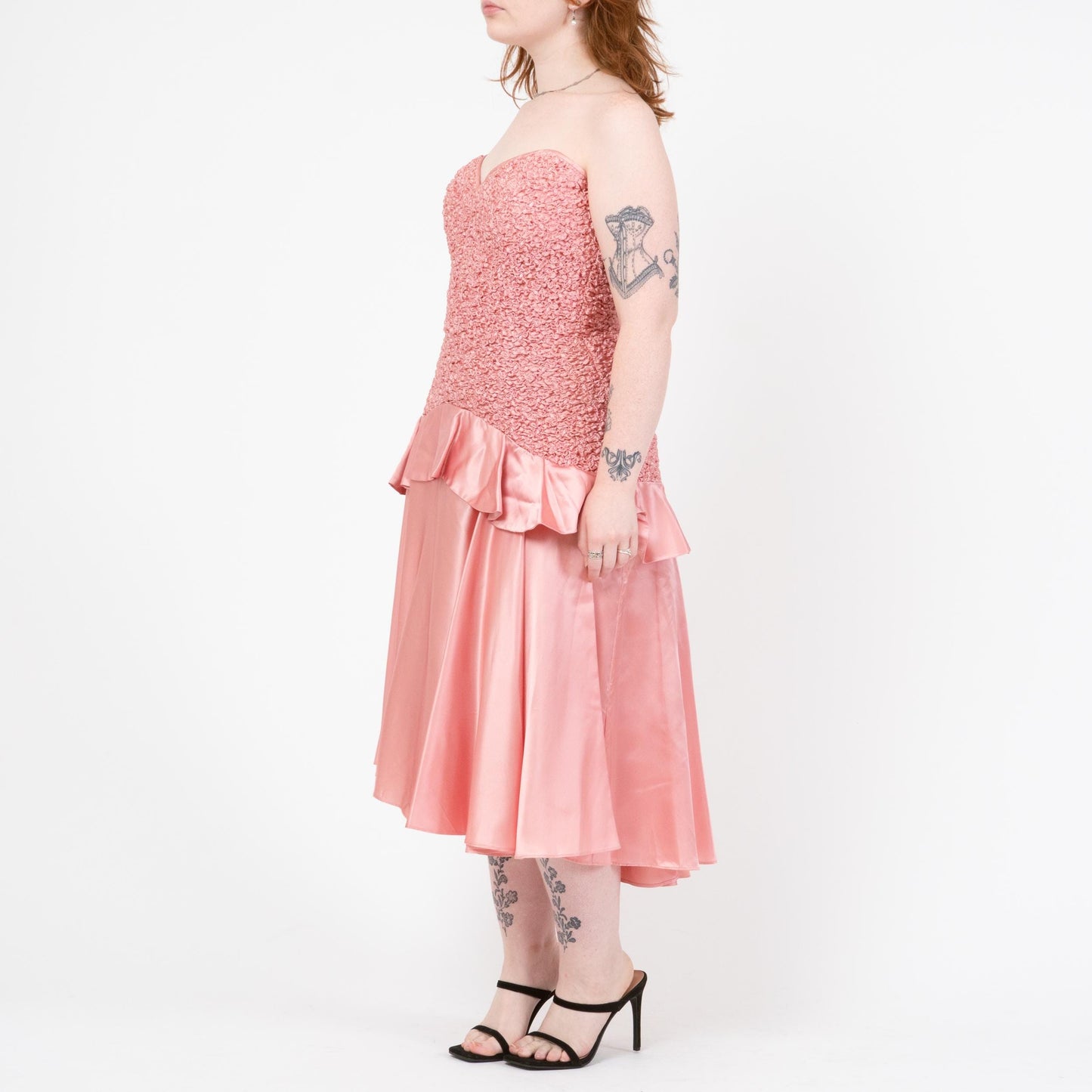 Vintage 80s Bubblegum Pink Strapless Popcorn Party Dress - Large | Smocked Bodice High-Low Midi Prom Dress