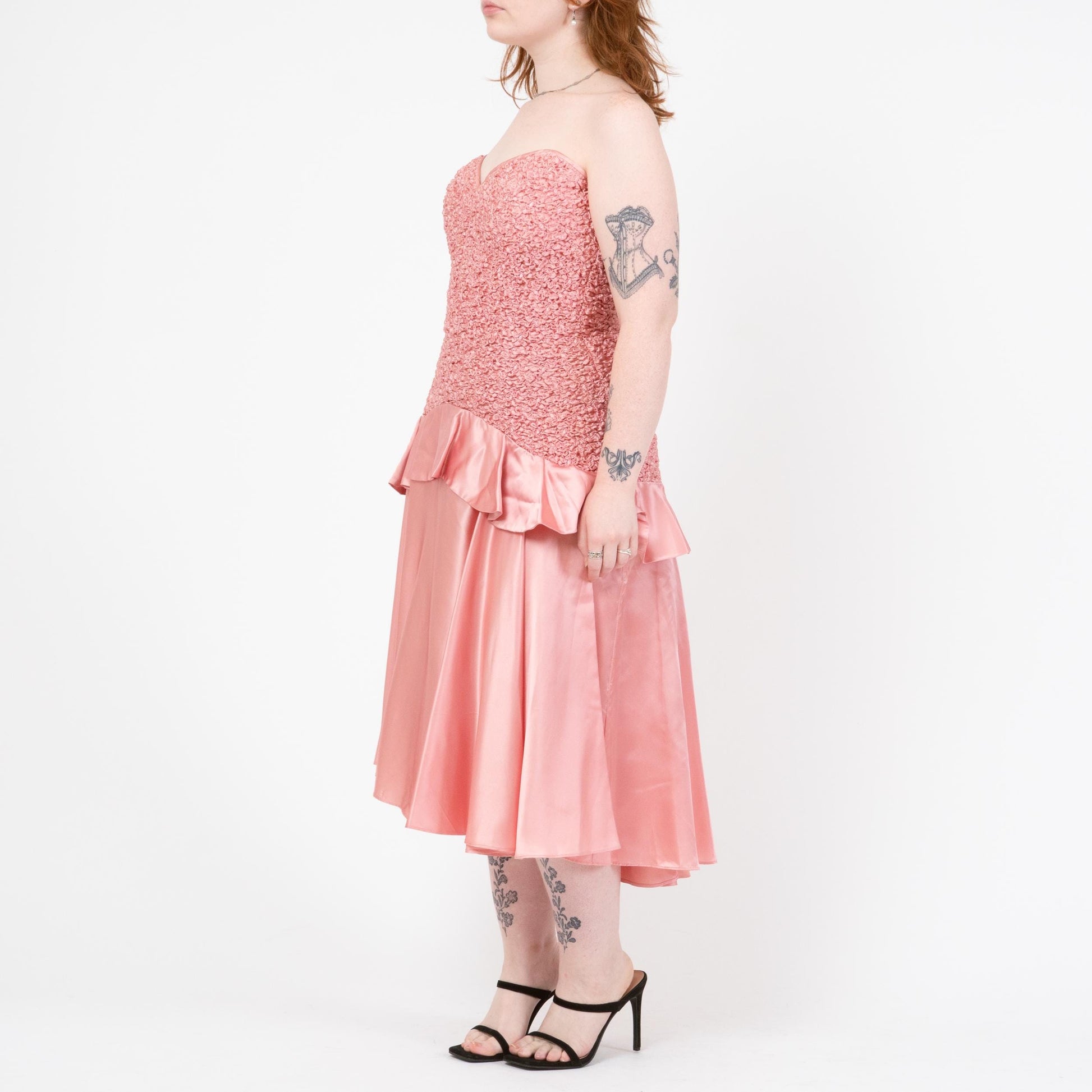 Vintage 80s Bubblegum Pink Strapless Popcorn Party Dress - Large | Smocked Bodice High-Low Midi Prom Dress