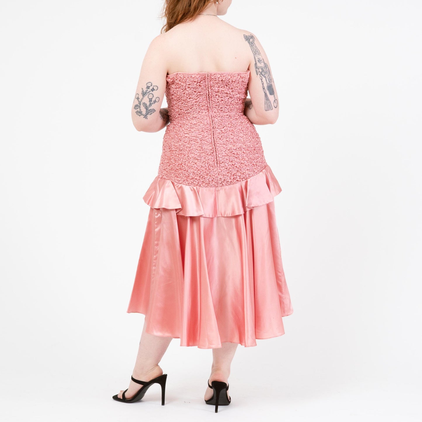Vintage 80s Bubblegum Pink Strapless Popcorn Party Dress - Large | Smocked Bodice High-Low Midi Prom Dress