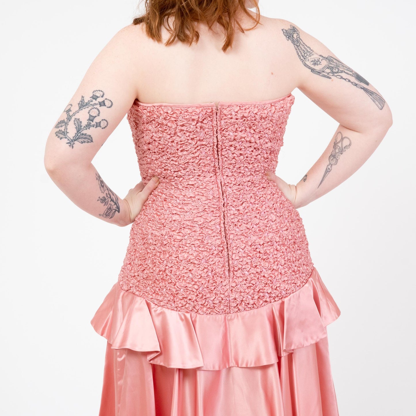 Vintage 80s Bubblegum Pink Strapless Popcorn Party Dress - Large | Smocked Bodice High-Low Midi Prom Dress