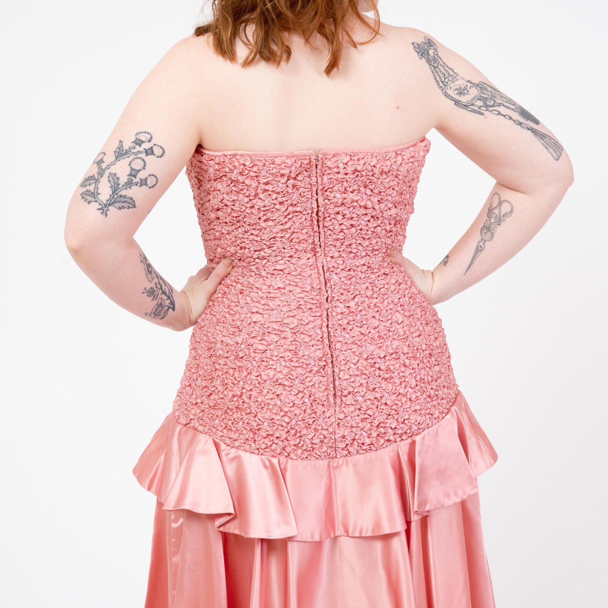 Vintage 80s Bubblegum Pink Strapless Popcorn Party Dress - Large | Smocked Bodice High-Low Midi Prom Dress