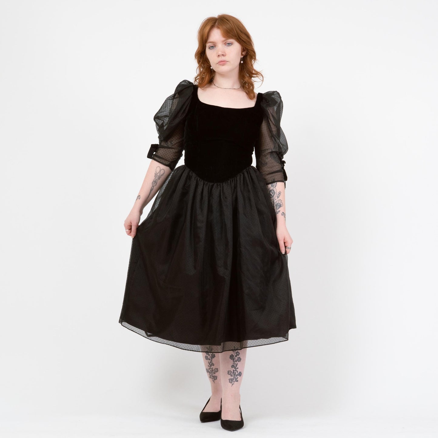 Vintage 80s Black Velvet & Swiss Dot Party Dress - Medium | Puff Sleeve Gothic Midi Prom Dress