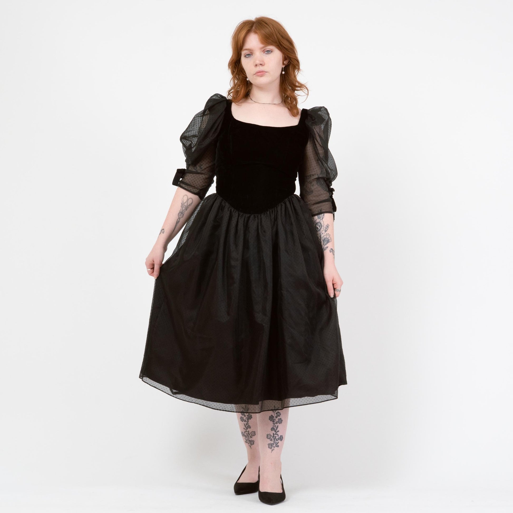 Vintage 80s Black Velvet & Swiss Dot Party Dress - Medium | Puff Sleeve Gothic Midi Prom Dress