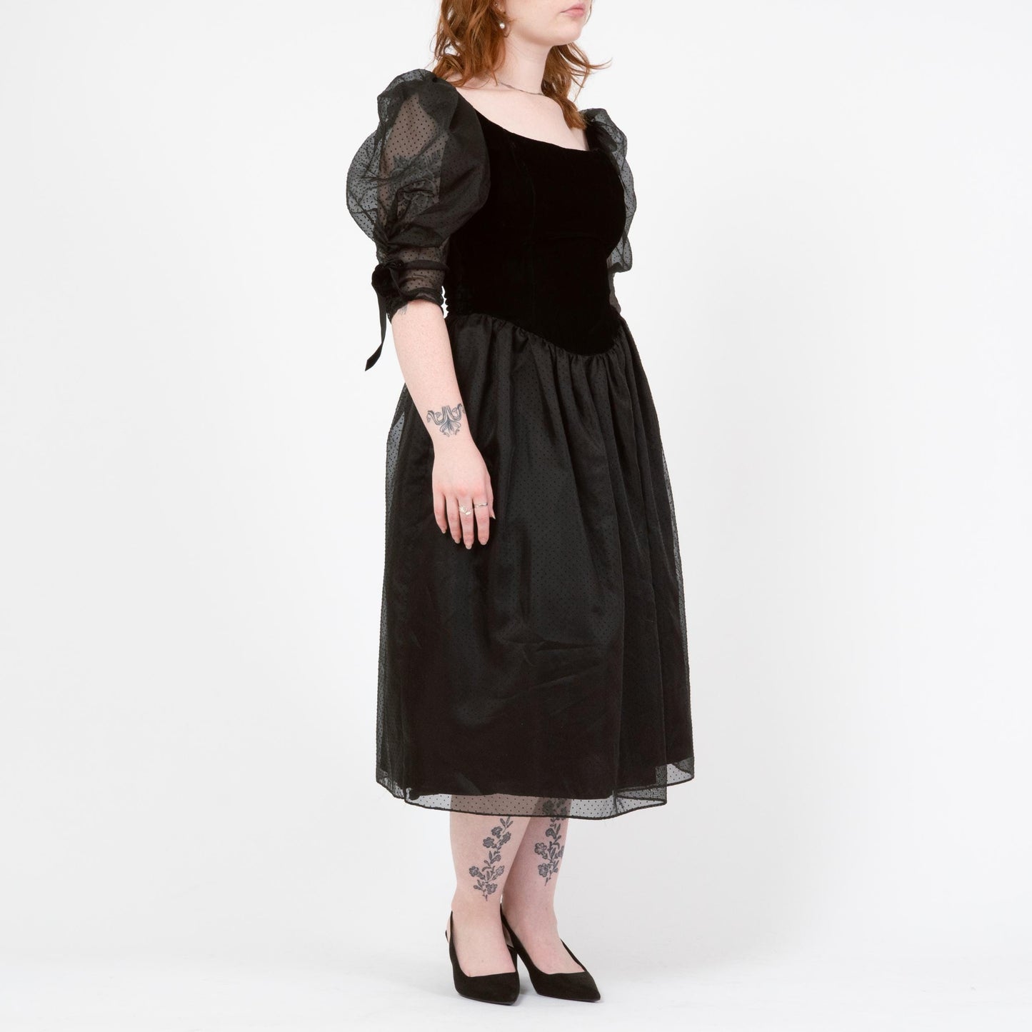 Vintage 80s Black Velvet & Swiss Dot Party Dress - Medium | Puff Sleeve Gothic Midi Prom Dress