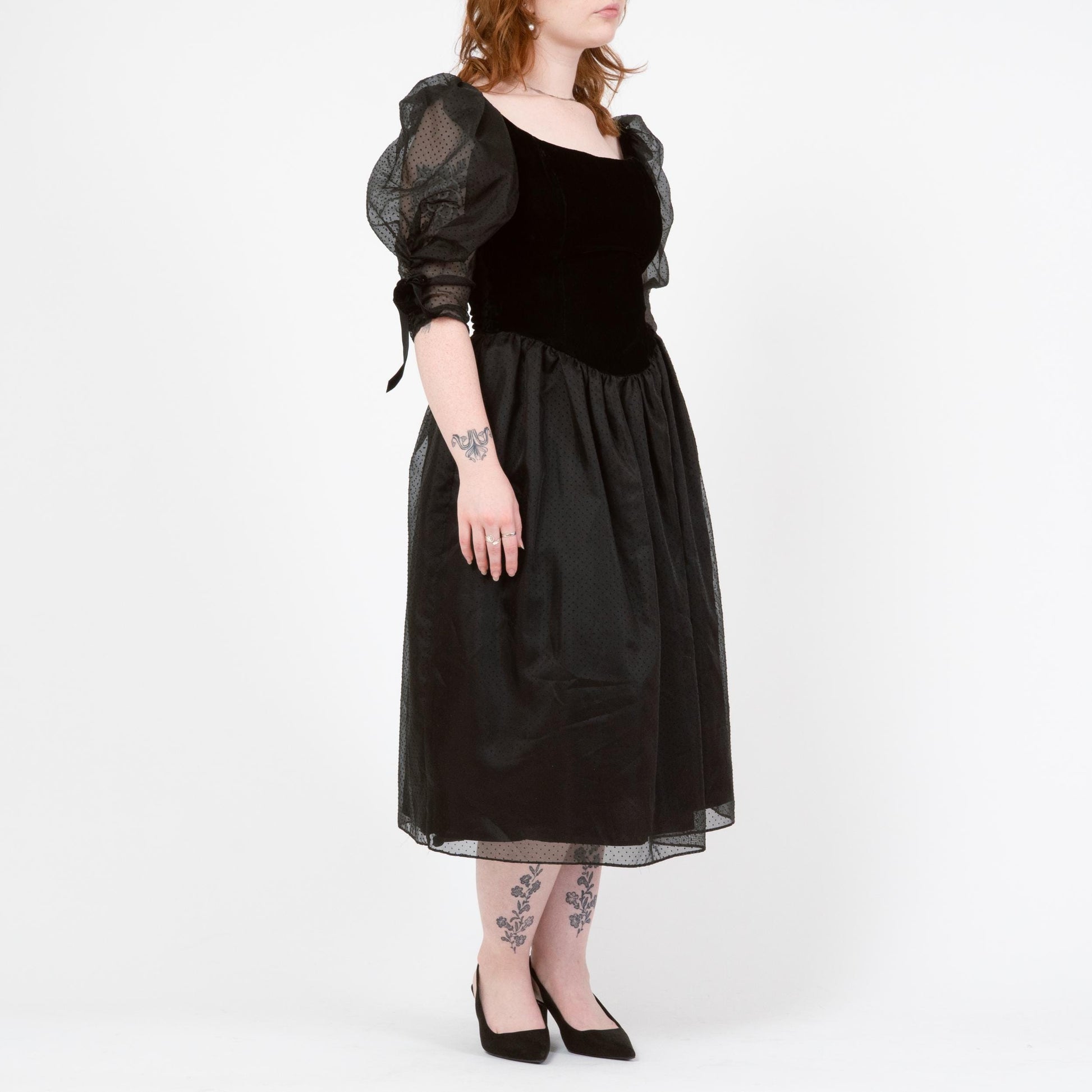 Vintage 80s Black Velvet & Swiss Dot Party Dress - Medium | Puff Sleeve Gothic Midi Prom Dress