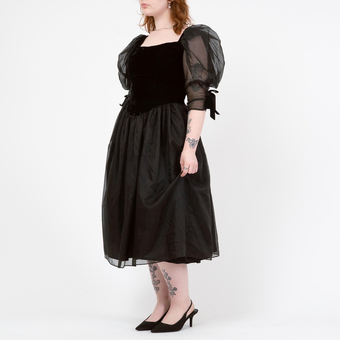 Vintage 80s Black Velvet & Swiss Dot Party Dress - Medium | Puff Sleeve Gothic Midi Prom Dress