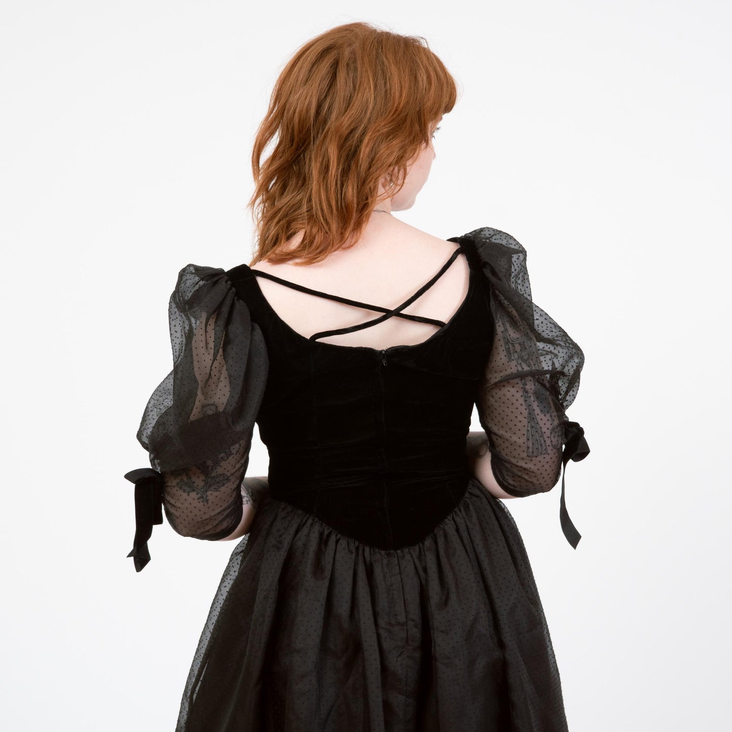 Vintage 80s Black Velvet & Swiss Dot Party Dress - Medium | Puff Sleeve Gothic Midi Prom Dress