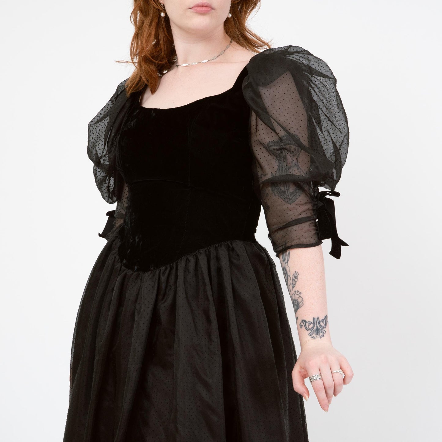 Vintage 80s Black Velvet & Swiss Dot Party Dress - Medium | Puff Sleeve Gothic Midi Prom Dress
