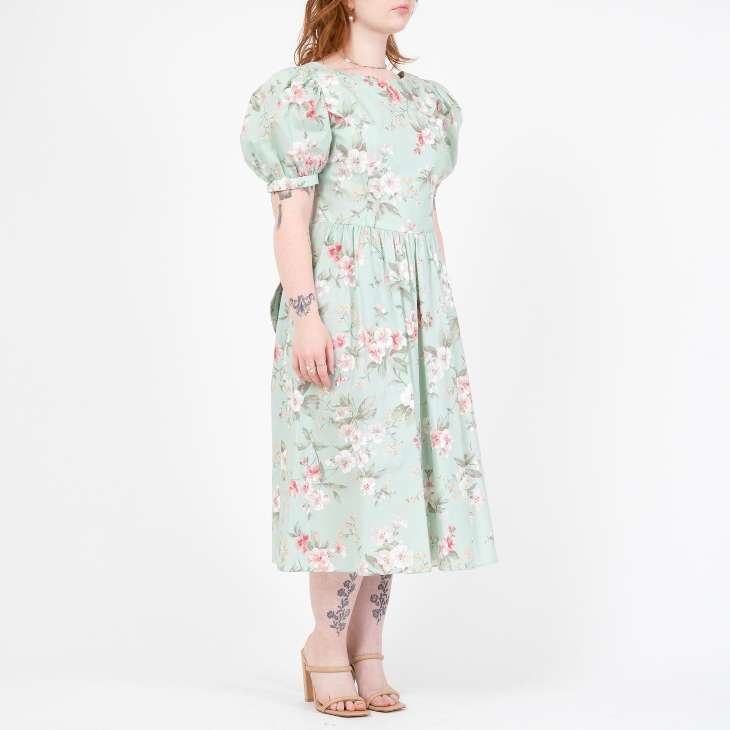 Vintage 80s Lanz Mint Green Floral Low Back Dress - Large | Fit & Flare Puff Sleeve Party Dress