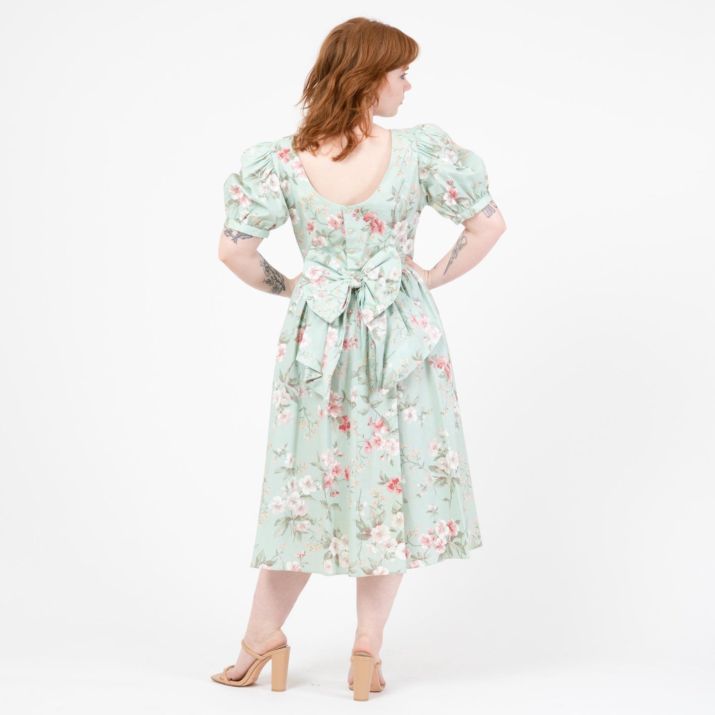 Vintage 80s Lanz Mint Green Floral Low Back Dress - Large | Fit & Flare Puff Sleeve Party Dress