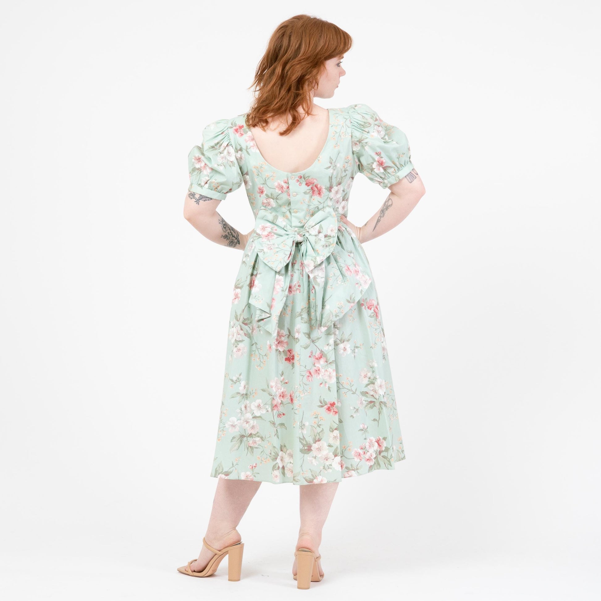 Vintage 80s Lanz Mint Green Floral Low Back Dress - Large | Fit & Flare Puff Sleeve Party Dress