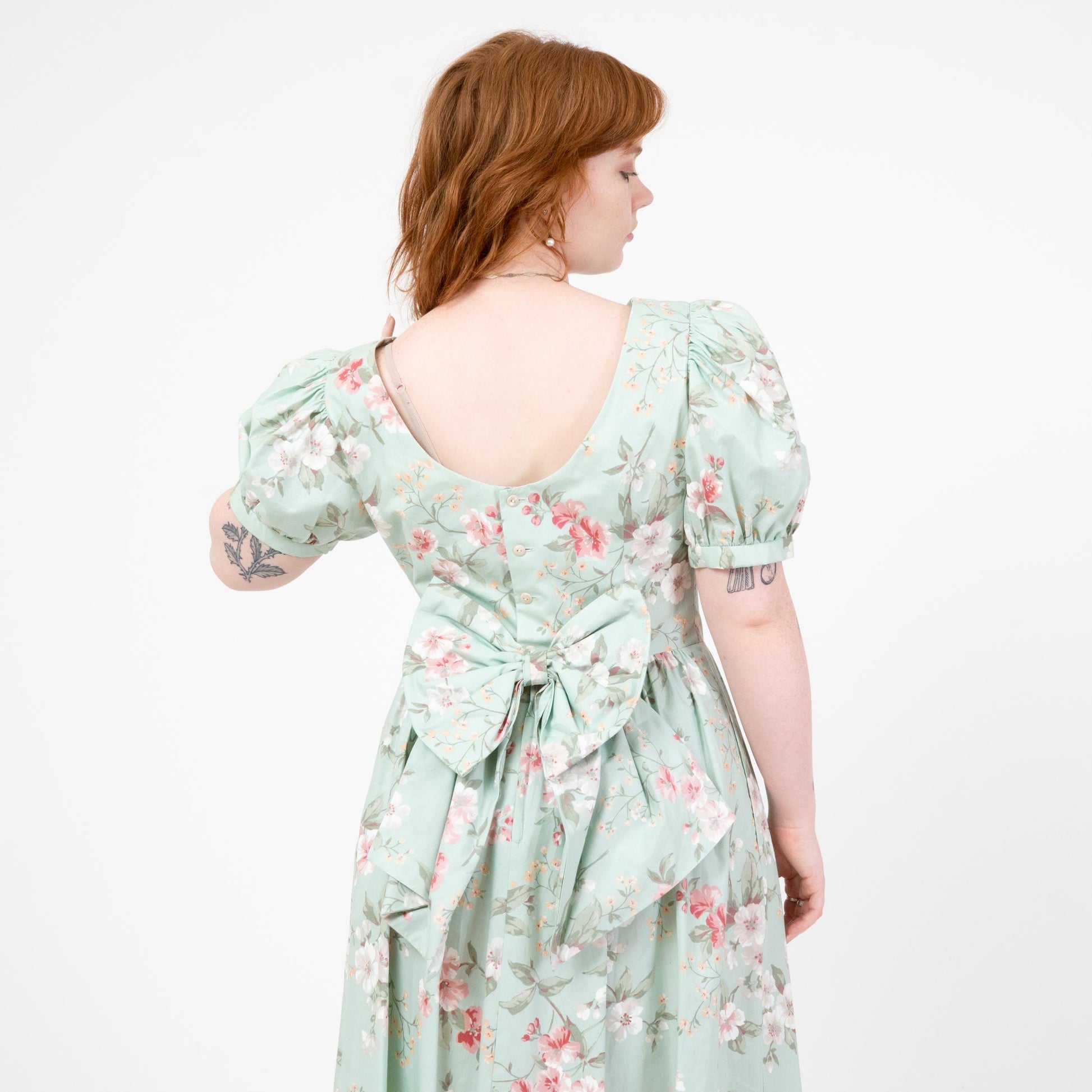 Vintage 80s Lanz Mint Green Floral Low Back Dress - Large | Fit & Flare Puff Sleeve Party Dress