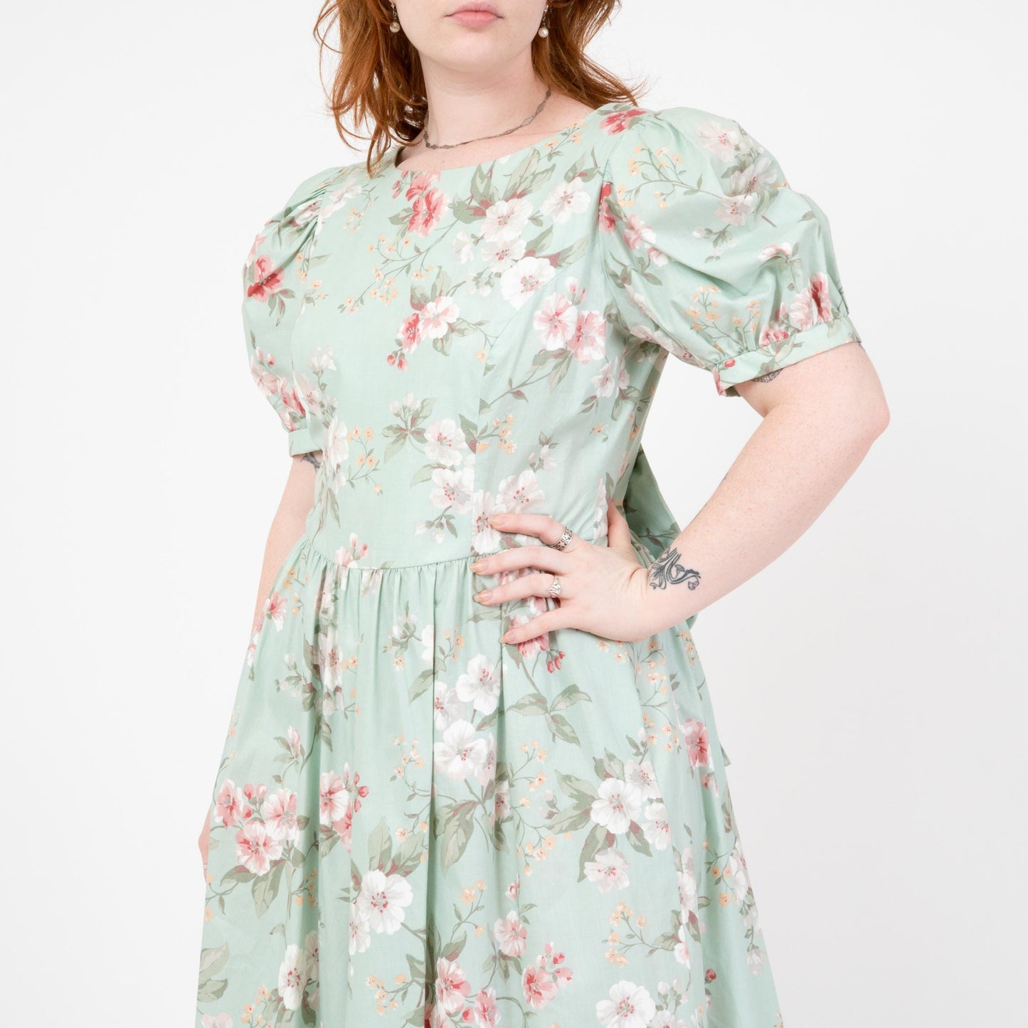 Vintage 80s Lanz Mint Green Floral Low Back Dress - Large | Fit & Flare Puff Sleeve Party Dress
