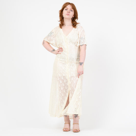 Vintage 90s Sheer White Lace Corset Back Maxi Dress - Extra Large | Flutter Sleeve Button Front Sundress