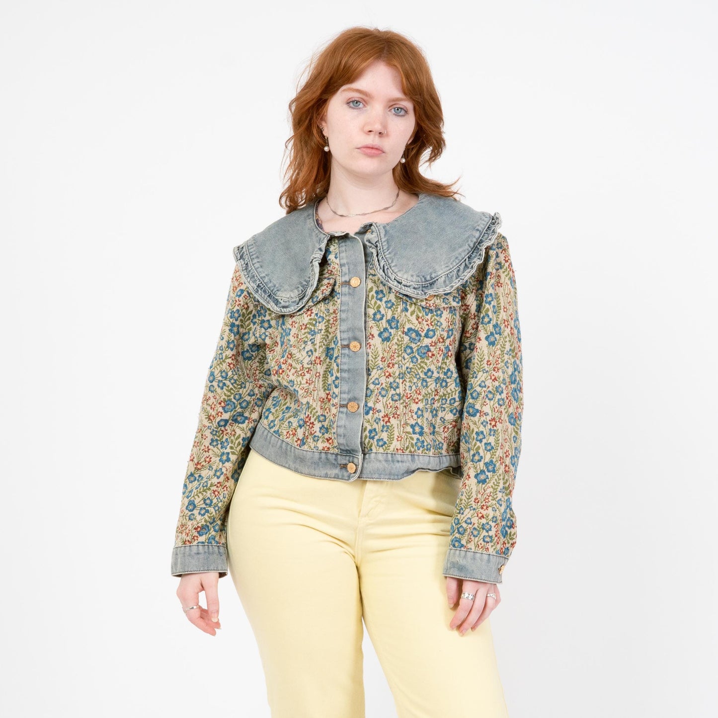 Vintage 80s Denim & Floral Tapestry Jacket - Large to XL Tall | Bib Collar Cropped Jean Jacket